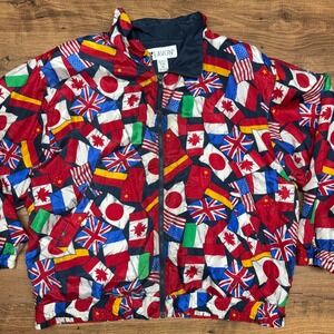 Vintage LAVON Womens XL‎ International World Flags Bomber Jacket Full Zip Silk